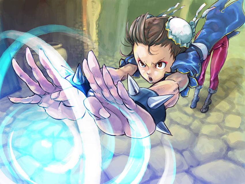 attack bent_over boots bracelet brown_eyes brown_hair bun_cover chinese_clothes chun-li double_bun energy_ball foreshortening hands jewelry kikouken ojisan_bosatsu pantyhose pelvic_curtain solo spiked_bracelet spikes street_fighter