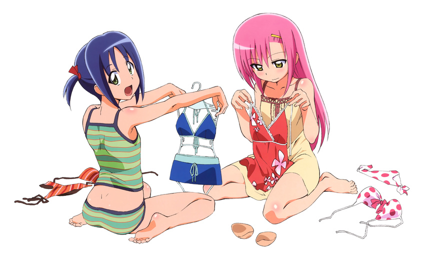 :d absurdres artist_request bare_shoulders barefoot bikini blue_hair blush breast_padding camisole clothes_in_front dress embarrassed feet flat_chest full_body green_eyes hair_ribbon hairband hayate_no_gotoku! highres katsura_hinagiku long_hair looking_back multiple_girls nishizawa_ayumu official_art open_mouth panties pink_hair ribbon scan short_hair side-tie_bikini simple_background sitting smile soles swimsuit twintails underwear underwear_only wariza white_background yellow_eyes