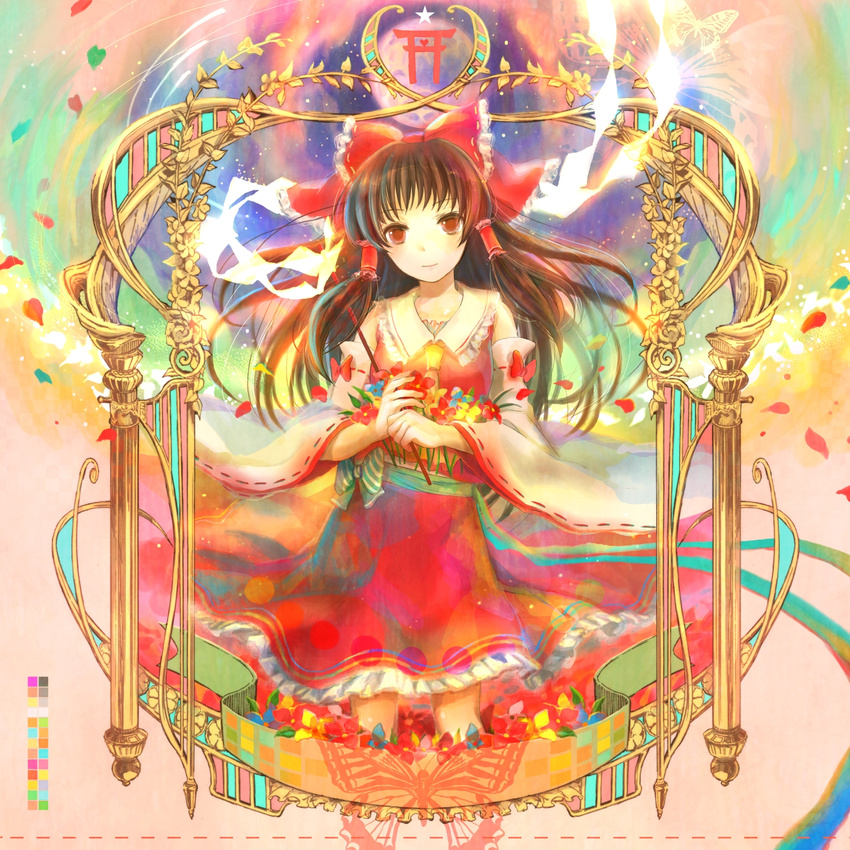 album_cover bow brown_hair cover detached_sleeves flower fuji_choko gohei hair_bow hakurei_reimu highres petals red_eyes skirt solo touhou