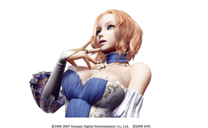 3d angela_(castlevania) blonde_hair blue_eyes breasts bridal_gauntlets castlevania castlevania_pachislot choker cleavage corset cross detached_sleeves eyelashes jewelry lace medium_breasts official_art ring short_hair solo upper_body wavy_hair