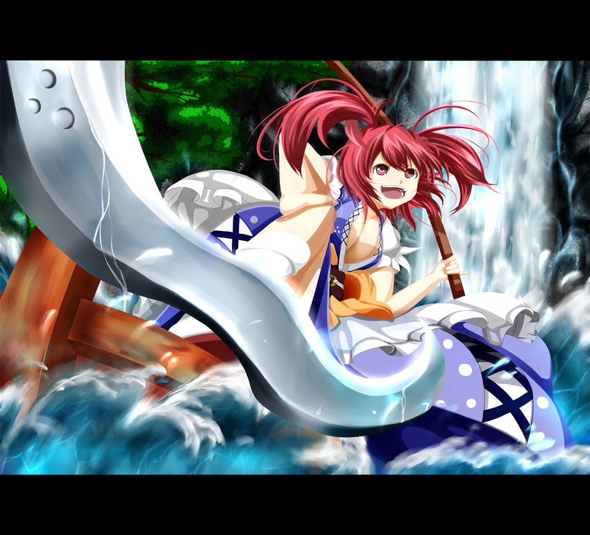 bad_id bad_pixiv_id boat breasts cleavage highres japanese_clothes large_breasts letterboxed momiji_oroshi onozuka_komachi open_mouth red_eyes red_hair scythe short_hair solo touhou tree two_side_up water watercraft waterfall