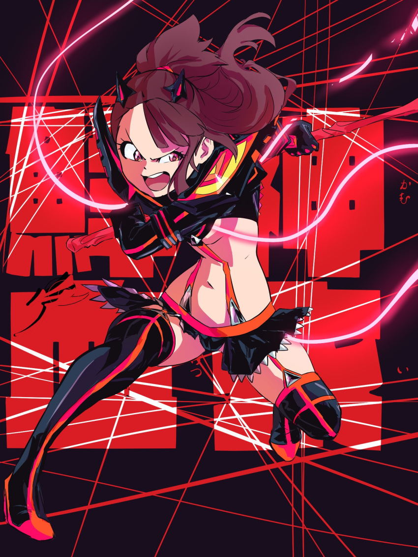 1girl aetherion black_footwear boots breasts brown_hair commentary cosplay dual_wielding english_commentary fighting_stance full_body garter_straps hairpods highres holding incoming_attack kagari_atsuko kill_la_kill life_fiber little_witch_academia matoi_ryuuko matoi_ryuuko_(cosplay) microskirt midriff navel open_mouth pointy_shoes red_eyes revealing_clothes scissor_blade senketsu serious shoes skirt small_breasts solo suspenders thigh_boots thighhighs underboob