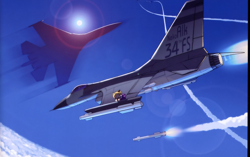 afterburner aircraft airplane animal_ears artist_request battle blonde_hair cat_ears cloud condensation_trail day dogfight engrish f-16_fighting_falcon fighter_jet flying highres jet lens_flare military military_vehicle missile motion_blur nekoarc no_humans ranguage red_eyes riding sky sun tsukihime