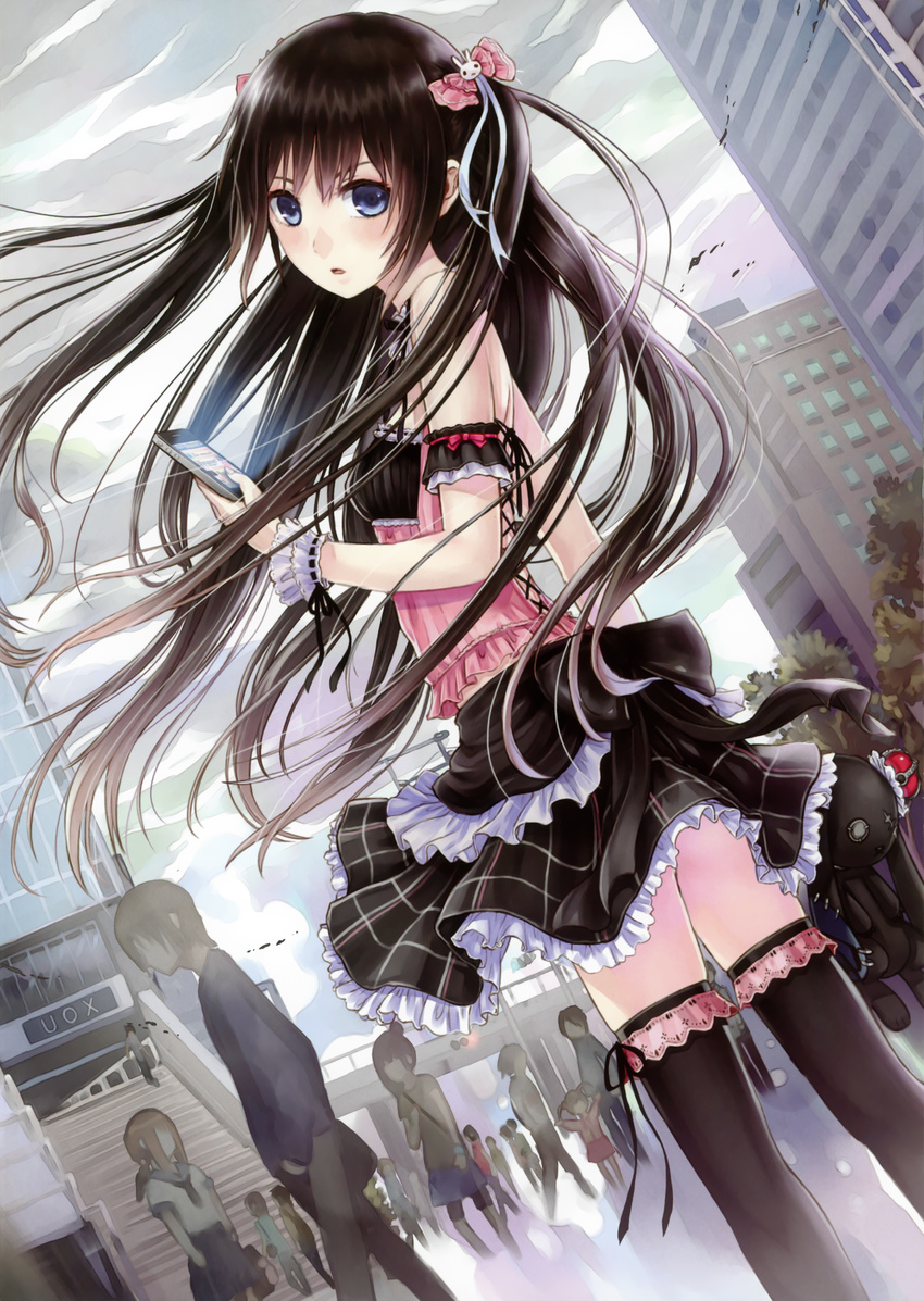 1girl absurdres arm_garter bare_shoulders black_hair black_legwear blue_eyes bow bunny_hair_ornament cellphone city corset denpa_(kazuharu) detached_collar frilled_skirt frills hair_bow hair_ornament highres iphone kazuharu_kina lace long_hair looking_at_viewer looking_back open_mouth original phone plaid plaid_skirt ribbon skirt smartphone solo stuffed_animal stuffed_bunny stuffed_toy thighhighs twintails wrist_cuffs