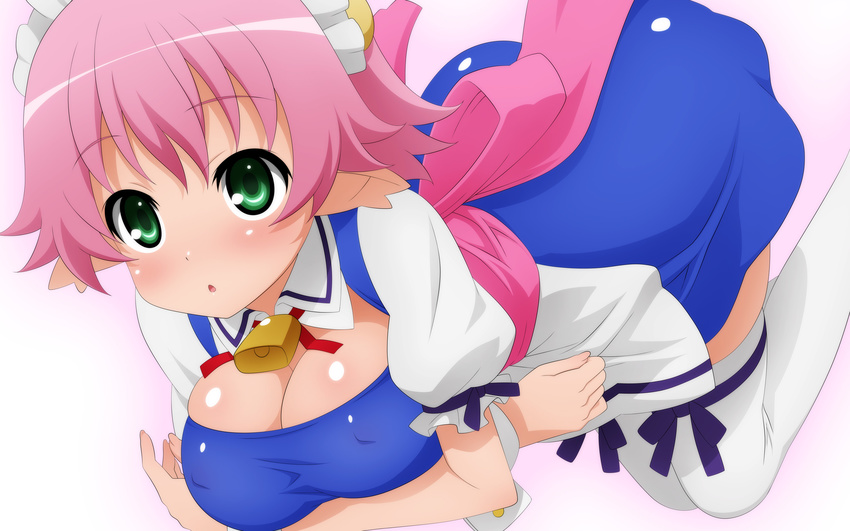 bell blush bow breasts cow_bell crossed_arms dress elfleda_mirjasdottir green_eyes highres large_breasts lotte_no_omocha! maid maid_headdress pink_bow pink_hair short_hair solo sugimura_tomokazu thighhighs white_legwear