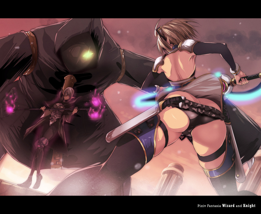 ass backless_outfit bare_back copyright_name fukai_ryousuke letterboxed monster multiple_girls pixiv_fantasia pixiv_fantasia_wizard_and_knight pointy_ears shoulder_pads staff sword weapon