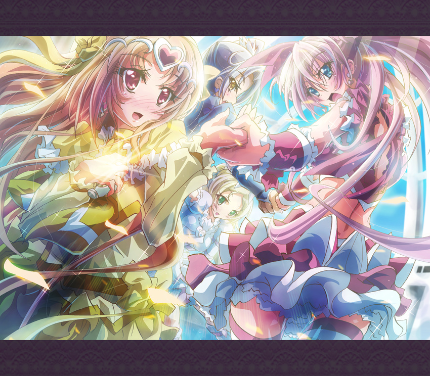 aqua_eyes blonde_hair blush bow brown_hair choker circlet cure_beat cure_melody cure_muse_(yellow) cure_rhythm dress eyelashes frills gathers green_eyes hair_ribbon heart highres holding_hands houjou_hibiki inoshishi_(ikatomo) kurokawa_eren letterboxed light_particles long_hair magical_girl midriff minamino_kanade multiple_girls pink_hair precure purple_hair red_eyes red_legwear ribbon seiren_(suite_precure) shirabe_ako smile sparkle suite_precure thighhighs twintails yellow_choker yellow_eyes