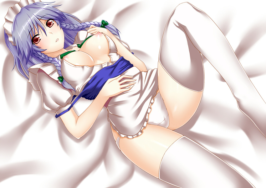 blue_hair breasts female izayoi_sakuya mizuse_kouichi nipples open_shirt panties red_eyes thighhighs topless touhou underwear youkou