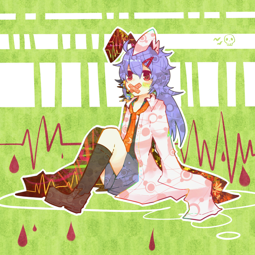 animal_ears bad_id bad_pixiv_id bandaid blazer blue_hair bunny_ears hair_ornament hairclip highres itomugi-kun jacket labcoat long_hair messy_hair miniskirt necktie on_floor oversized_clothes red_eyes reisen_udongein_inaba shoes sitting skirt socks solo touhou unbuttoned unmoving_pattern