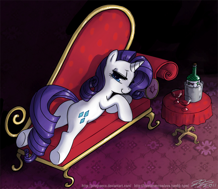 alcohol beverage blue_eyes butt cutie_mark equine female feral friendship_is_magic hair horn horse ice inside john_joseco looking_at_viewer mammal my_little_pony pony presenting purple_hair rarity_(mlp) sofa solo unicorn
