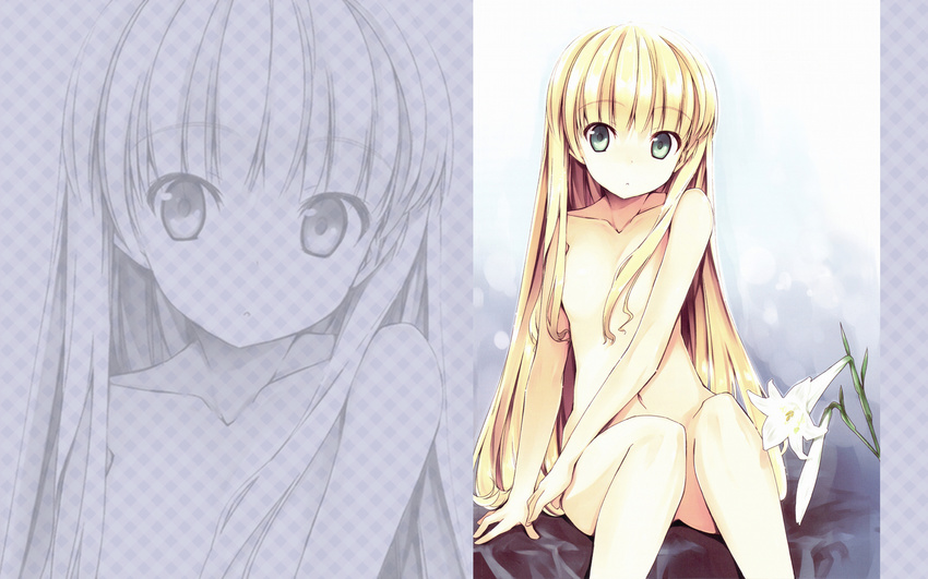 bangs blonde_hair breasts censored convenient_censoring convenient_leg flower gosick green_eyes hair_over_breasts highres lily_(flower) long_hair looking_at_viewer mizoguchi_keiji navel nude sitting small_breasts solo victorica_de_blois wallpaper zoom_layer