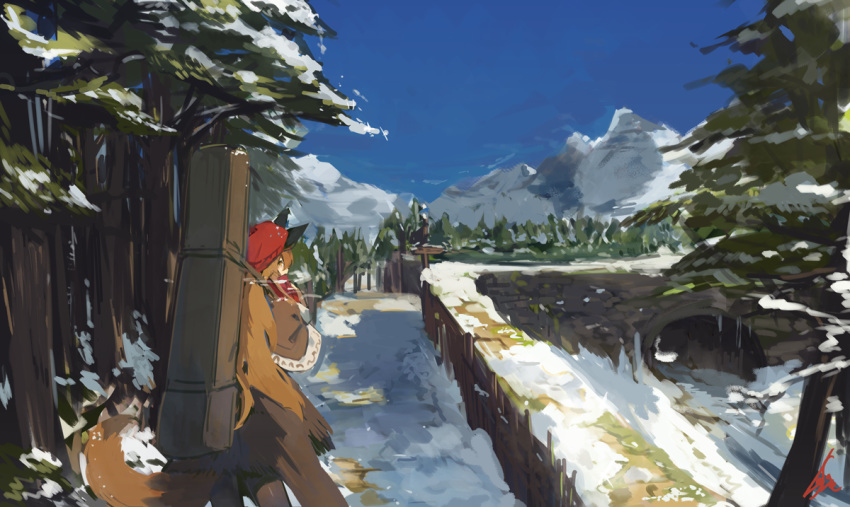 animal_ears blue_sky bridge brown_hair brown_skirt case day forest from_behind hat lansane looking_at_viewer looking_back nature original outdoors path red_hat road skirt sky snow solo standing tail tree tsana_(lansane) wolf_ears wolf_tail