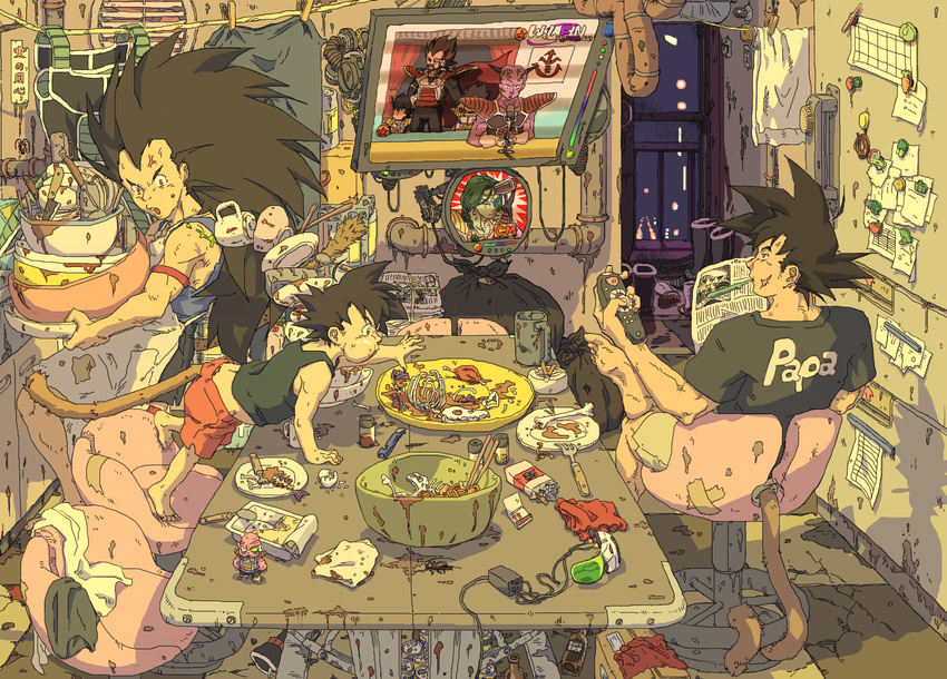 alcohol apron armor ashtray bardock barefoot beer black_hair bone boned_meat boots bottle bug can captain_ginyu casual chair character_doll cigarette clothes_writing clothesline cockroach controller cup dirty dishes dodoria dragon_ball dragon_ball_z eating eggshell fan father_and_son food fork frieza full_mouth gears highres indoors insect king_vegeta knife liquor long_hair magnet male_focus matches meat messy_room microphone monkey_tail mouth_hold multiple_boys newspaper pipe raditz razor reaching refrigerator_magnet remote_control room rubber_band scar scouter shirt shorts siblings skull son_gokuu spiked_hair spoon sumiru_(dancing_monkey) t-shirt table tail tank_top tarble television towel trash vegeta what_if younger zarbon