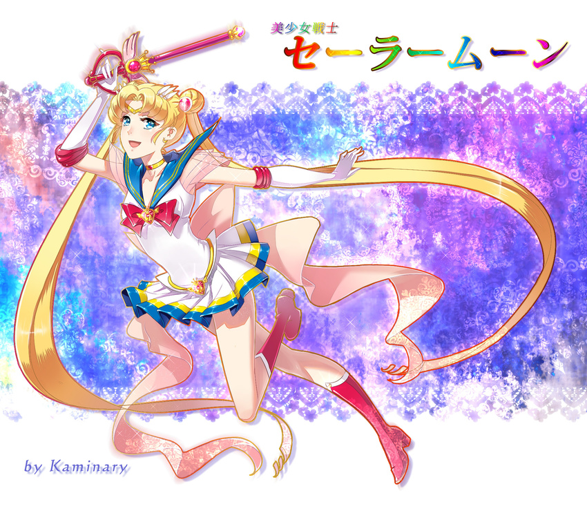 back_bow bishoujo_senshi_sailor_moon blonde_hair blue_eyes blue_sailor_collar boots bow brooch choker copyright_name double_bun earrings full_body gloves hair_ornament hairpin heart heart_choker highres holding holding_wand jewelry kaleidomoon_scope kaminary knee_boots long_hair magical_girl microskirt multicolored multicolored_clothes multicolored_skirt pleated_skirt rainbow_text red_bow ribbon sailor_collar sailor_moon sailor_senshi_uniform skirt smile solo striped striped_skirt super_sailor_moon tiara tsukino_usagi twintails wand white_gloves