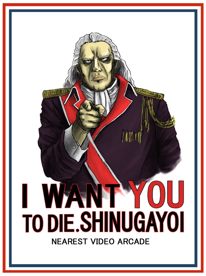 colonel_longhena dodonpachi highres i_want_you long_hair male_focus military parody poster solo syaa white_hair