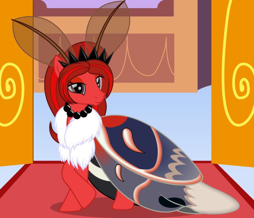 2018 arthropod badumsquish chest_tuft crown curtsey doorway equine eyeshadow fan_character female fluffy hair horse hybrid insect jewelry lepidopteran lidded_eyes long_hair looking_at_viewer lunar_glow_(oc) makeup mammal moth my_little_pony necklace palace pony queen regalia royalty shoulder_fluff smile solo tuft wings