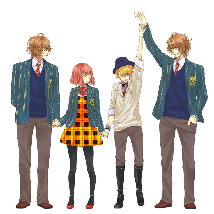 3boys bad_id bad_pixiv_id blazer blonde_hair blue_eyes brown_hair closed_eyes dress glasses hat highres holding_hands jacket kira_(abyss) kurusu_shou multiple_boys nanami_haruka necktie orange_dress orange_hair pantyhose plaid plaid_dress ribbon school_uniform shinomiya_natsuki shinomiya_satsuki short_dress short_hair smile spoilers unmoving_pattern uta_no_prince-sama yellow_eyes