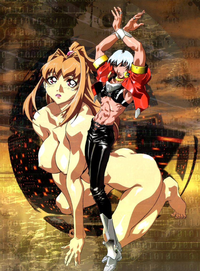 1girl 90s abs ass bent_over binary boots bracelet breasts brown_eyes brown_hair curvy erika_tinen fingernails highres impossible_clothes jewelry large_breasts lips lipstick long_hair looking_at_viewer makeup nude official_art oobari_masami purple_eyes serge_(virus_buster_serge) silver_hair virus_buster_serge white_hair