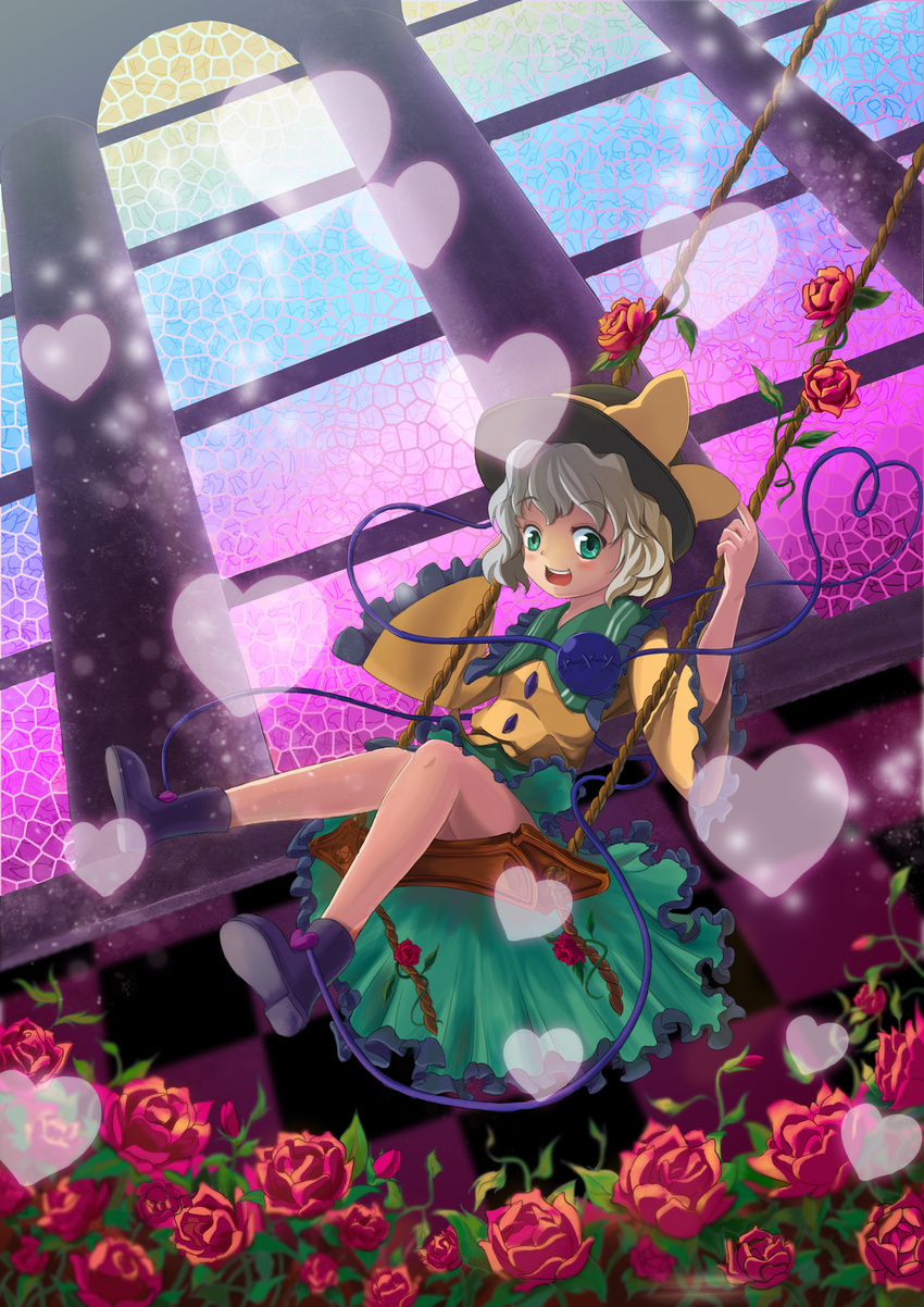 absurdres bow eyeball flower frilled_skirt frills green_eyes green_skirt hat heart heart_of_string highres komeiji_koishi medium_skirt open_mouth red_flower red_rose rose shinebell short_hair silver_hair sitting skirt smile solo swing third_eye touhou