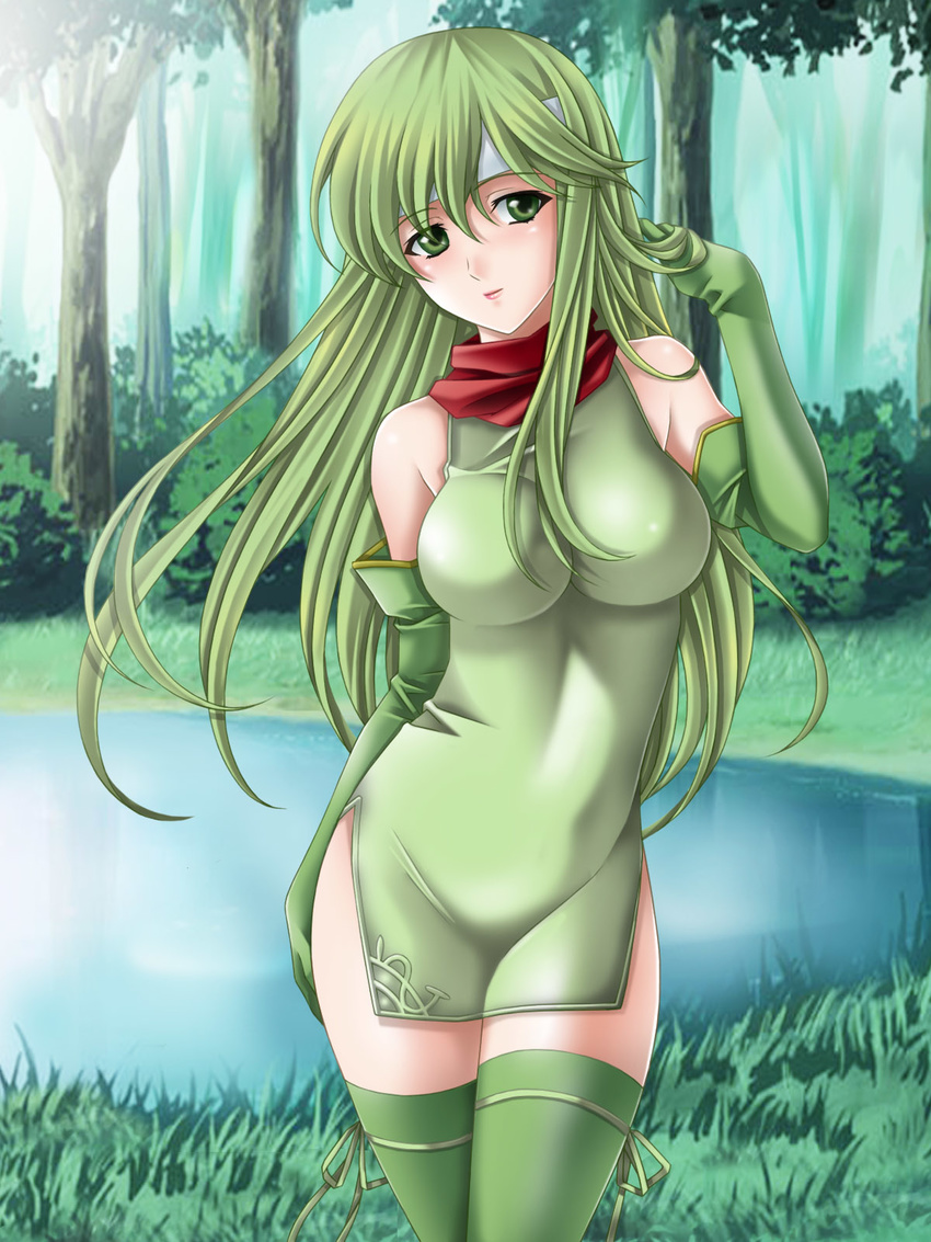 bare_shoulders dress elbow_gloves fire_emblem fire_emblem:_monshou_no_nazo forest gloves green_dress green_eyes green_hair groin hair_flip headband highres impossible_clothes long_hair nature paola red_scarf scarf short_dress solo tamamon thighhighs