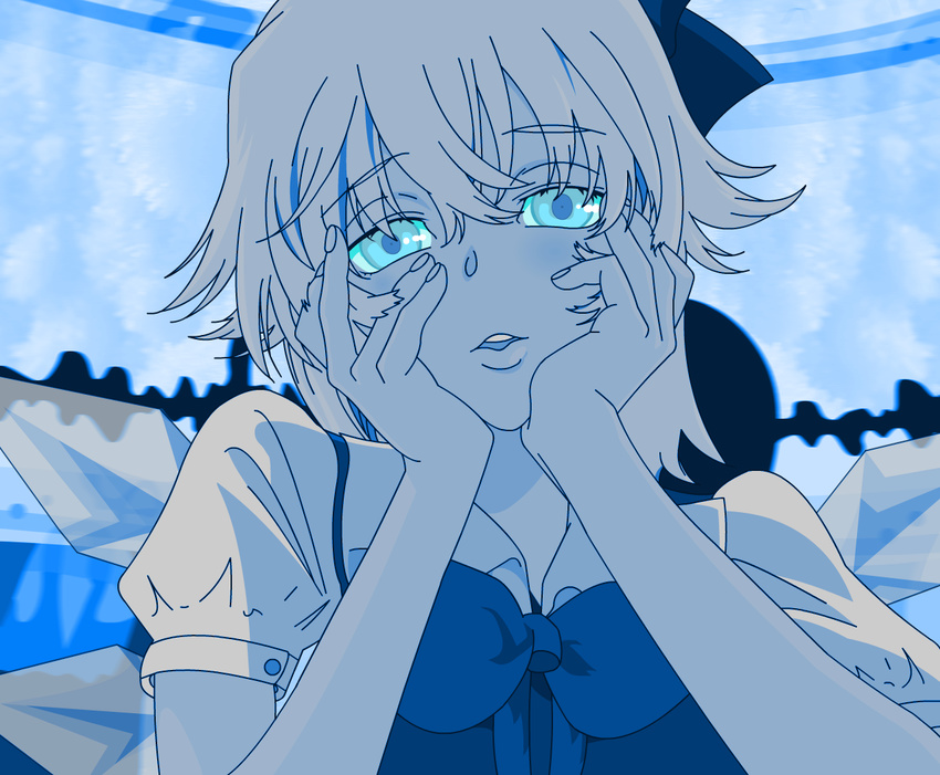blue_eyes blue_hair cirno hands_on_own_cheeks hands_on_own_face parody solo touhou wings yandere yandere_trance