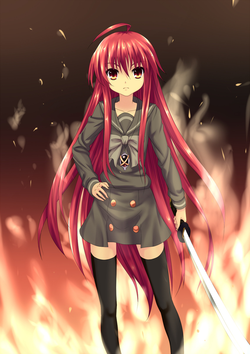 alastor_(shakugan_no_shana) fire hand_on_hip highres iyakun jewelry long_hair pendant red_eyes red_hair school_uniform serafuku shakugan_no_shana shana sword thighhighs weapon zettai_ryouiki