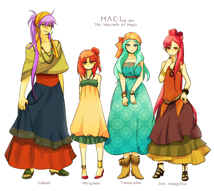 3girls alternate_costume alternate_hairstyle anklet aqua_hair bad_id bad_pixiv_id bandana bracelet braid character_name copyright_name dress jewelry long_hair magi_the_labyrinth_of_magic morgiana multiple_girls necklace purple_hair red_hair ren_kougyoku shaoling side_ponytail sinbad_(magi) single_braid white_background yamuraiha