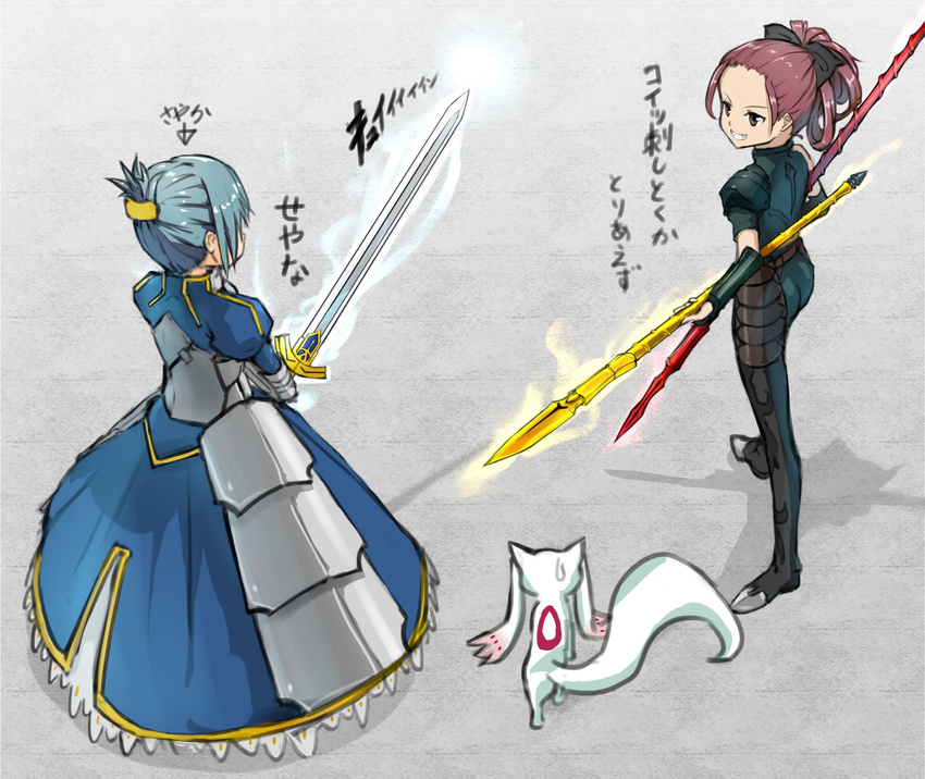 alternate_hairstyle armor armored_dress artoria_pendragon_(all) blue_eyes blue_hair bow cosplay creator_connection crossover dress dual_wielding excalibur fate/zero fate_(series) gae_buidhe gae_dearg gauntlets hair_bow hair_up highres holding kyubey lance lancer_(fate/zero) lancer_(fate/zero)_(cosplay) long_hair magical_girl mahou_shoujo_madoka_magica miki_sayaka multiple_girls parody polearm ponytail red_eyes red_hair saber saber_(cosplay) sakura_kyouko spear sword tera_l translation_request urobuchi_gen weapon weapon_connection