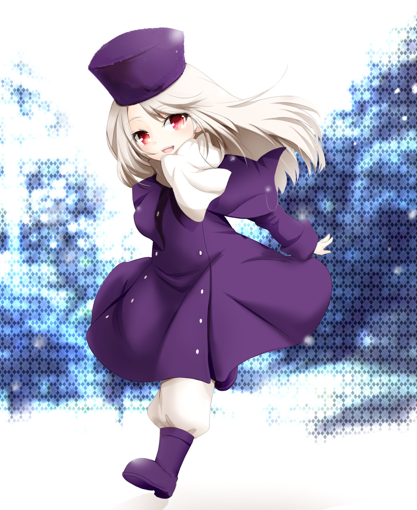 bad_id bad_pixiv_id boots fate/stay_night fate_(series) hat highres illyasviel_von_einzbern long_hair purple_footwear purple_hat red_eyes scarf silver_hair snow snowing solo white_hair white_scarf yaki_ringo