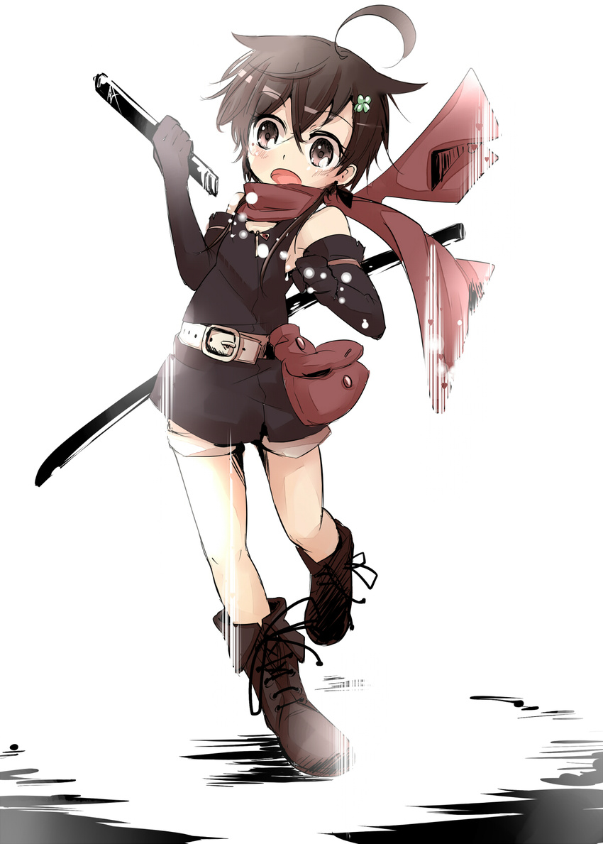 ahoge armpits bag belt black_gloves black_hair boots clover clover_hair_ornament elbow_gloves fading four-leaf_clover four-leaf_clover_hair_ornament gloves grey_eyes hair_ornament hairpin highres katana katanakko_daisuki lights open_mouth pixiv_fantasia pixiv_fantasia_wizard_and_knight scarf shirt short_hair shorts sleeveless sleeveless_shirt solo sword tantou weapon