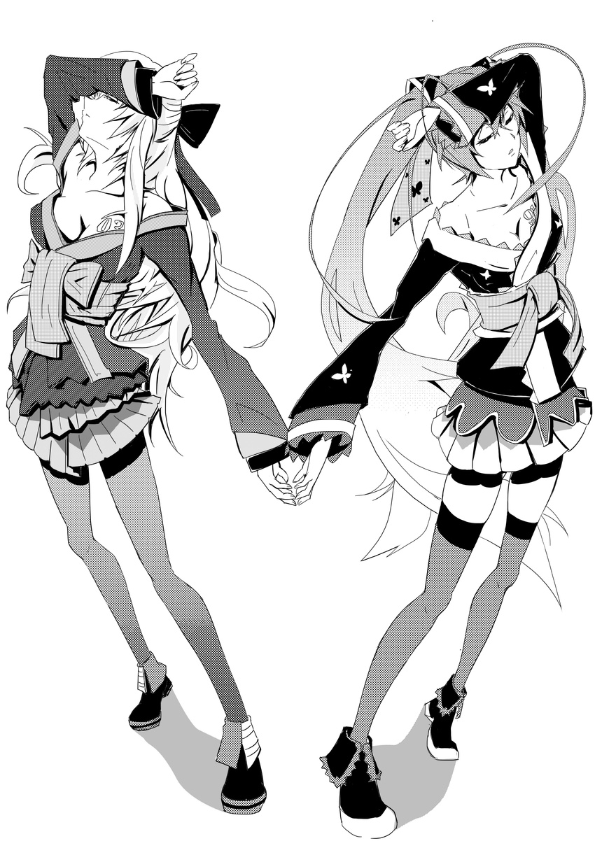 absurdres chou_(module) deathklovc greyscale hana_(module) hatsune_miku highres japanese_clothes kimono lolita_fashion long_hair megurine_luka monochrome multiple_girls project_diva_(series) project_diva_2nd simple_background thighhighs twintails very_long_hair vocaloid wa_lolita zettai_ryouiki