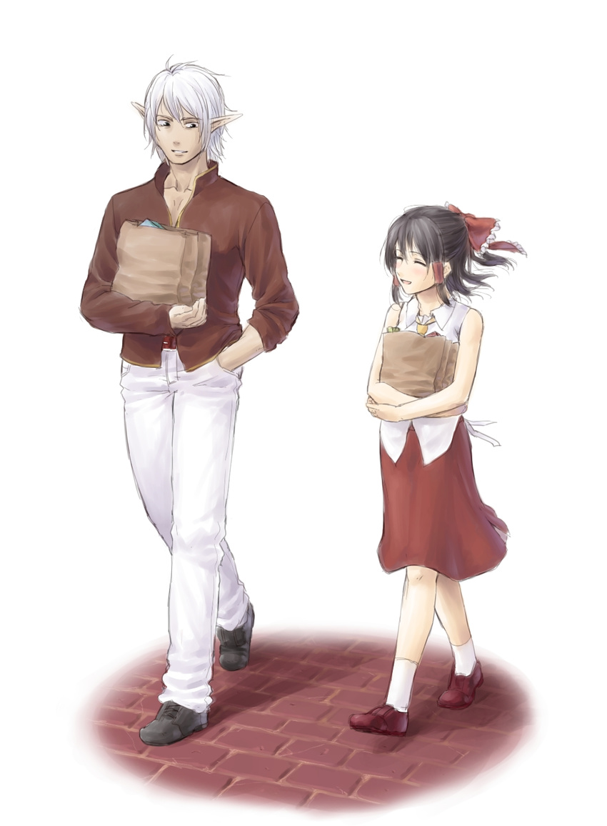 1girl bag black_hair bow buront carrying casual closed_eyes crossover elf elvaan final_fantasy final_fantasy_xi hair_bow hair_ribbon hair_tubes hakurei_reimu hand_in_pocket height_difference highres medium_skirt pointy_ears red_skirt ribbon short_hair silver_hair skirt sleeveless smile tatsuya_(atelier_road) the_iron_of_yin_and_yang touhou