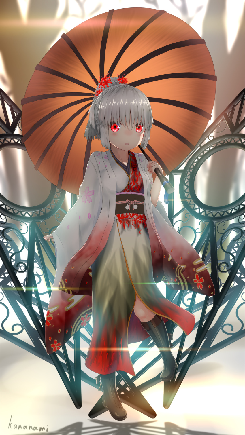 1girl 2019 absurdres boots grey_hair happy_new_year highres japanese_clothes kimono new_year original user_xchv4234 white_hair