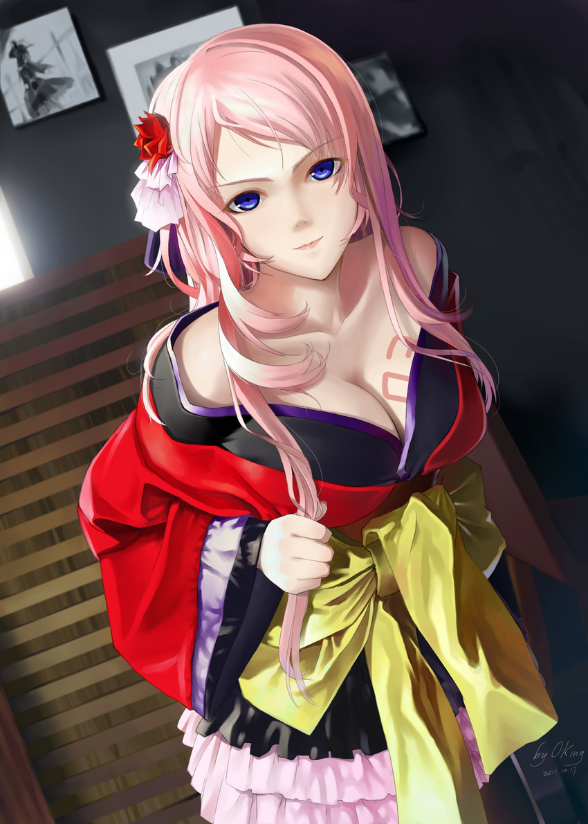 absurdres blue_eyes breasts cleavage flower frilled_skirt frills hair_flower hair_ornament highres japanese_clothes kimono large_breasts layered_skirt long_hair megurine_luka miniskirt okingjo pink_hair project_diva_(series) project_diva_2nd skirt solo vocaloid white_skirt