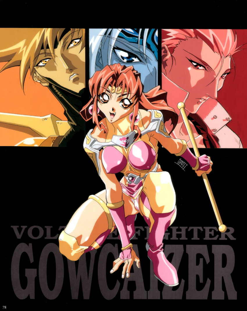 3boys 90s :d arm_support armor artbook bangs belt black_background boots breasts breasts_apart choujin_gakuen_gowcaizer circlet close-up copyright_name covered_nipples dutch_angle earrings face fang floating_hair gem gowcaizer hair_between_eyes hellstinger highres holding impossible_clothes jacket jewelry kaiza_isato kash_gyustan knee_pads kneeling large_breasts leaning_forward loincloth long_hair looking_at_viewer looking_away magical_girl midriff monochrome multiple_boys official_art oobari_masami open_clothes open_jacket open_mouth orange_eyes orange_hair panties parted_lips pauldrons pink_legwear scan shigure_kyousuke short_hair sidelocks signature simple_background smile son_karin spiked_hair spread_legs squatting staff thigh_boots thighhighs thighlet tiptoes turtleneck underwear weapon white_panties