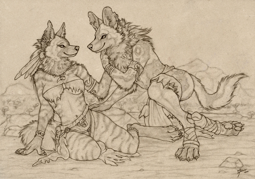 african_wild_dog canine clothed clothing couple dog eye_contact feather female hyena kikivuli loincloth looking_at_each_other male mammal monochrome necklace piercing qzurr romantic savannah skimpy striped_hyena tribal utunu