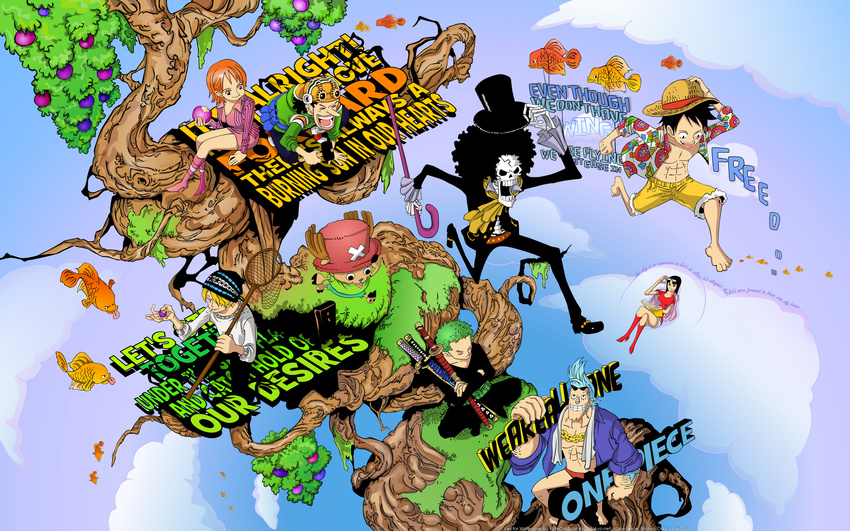 2girls 6+boys 6boys barefoot beanie black_hair black_pants black_shirt blonde_hair blue_hair book boots brook cigarette cloud cyborg dress fish franky goggles green_hair hair_over_one_eye hammer haramaki hat highres indian_style monkey_d_luffy multiple_boys multiple_girls muscle nami nami_(one_piece) nico_robin one_piece open_clothes open_shirt orange_hair pants pink_shoes reading reindeer roronoa_zoro running sanji shirt sitting skeleton sky sleeping smile smoking straw_hat text tony_tony_chopper top_hat tree usopp