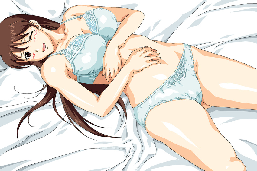 blue_bra blue_panties bra breasts brown_eyes brown_hair center_of_universe highres kamisama_dolls large_breasts lingerie long_hair lying on_back open_mouth panties shiba_hibino smile underwear wink