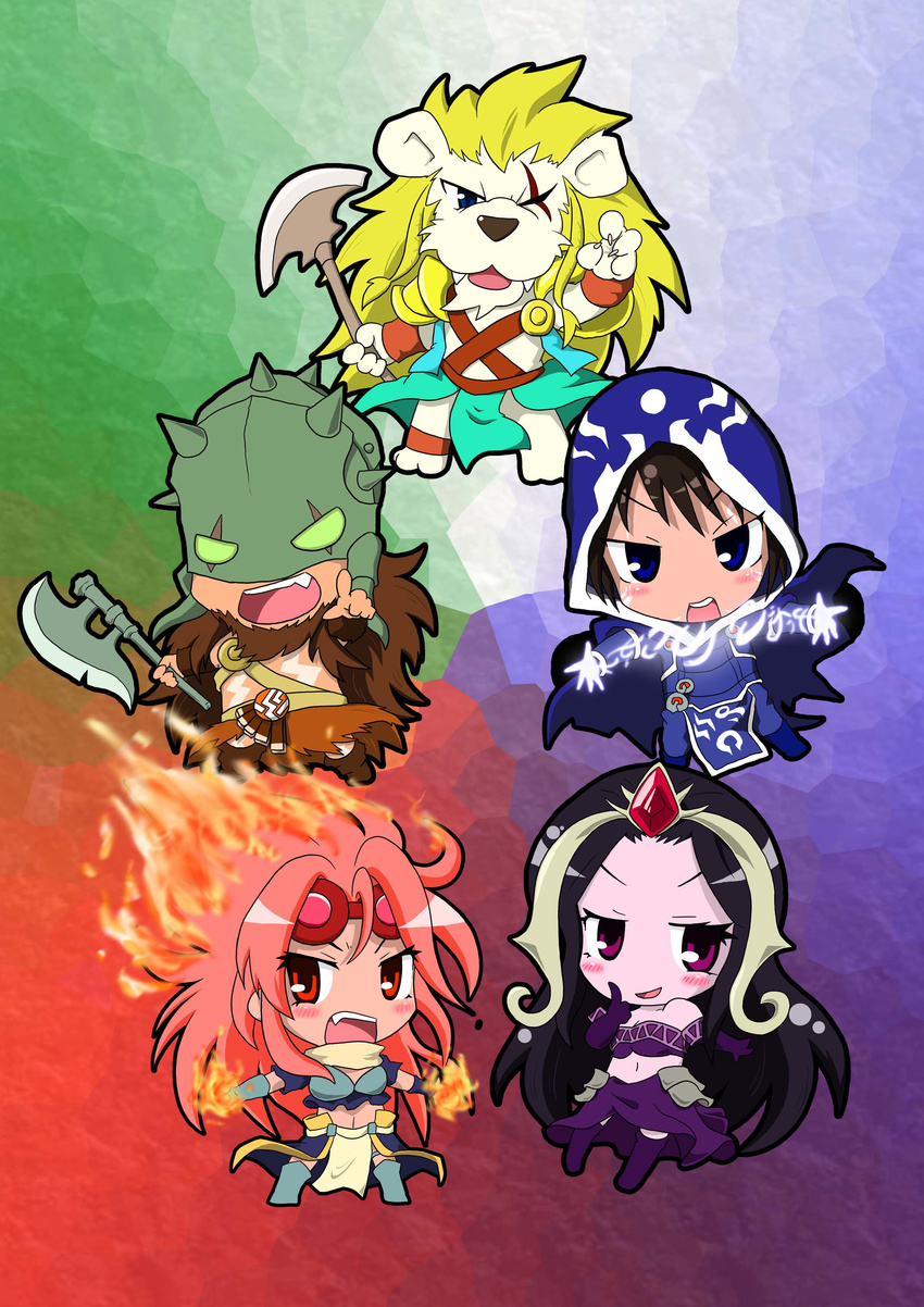 2girls absurdres ajani_goldmane chandra_nalaar chibi garruk_wildspeaker highres jace_beleren liliana_vess magic:_the_gathering matsu multiple_boys multiple_girls