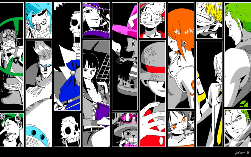 2girls 6+boys 6boys afro bird black_hair blonde_hair blue_hair book bottle brook cigarette cowboy_hat cravat cyborg earrings franky goggles green_hair hair_over_one_eye hat highres jewelry monkey_d_luffy multiple_boys multiple_girls nami nami_(one_piece) necktie nico_robin one_piece orange_hair reindeer roronoa_zoro sanji scar short_hair skeleton skull slingshot smoking spot_color straw_hat sunglasses sunglasses_on_head sword tattoo tony_tony_chopper usopp wallpaper weapon