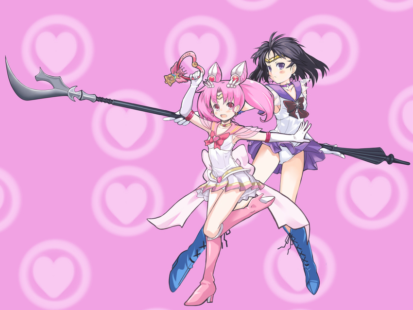back_bow bell bishoujo_senshi_sailor_moon black_hair blue_footwear boots bow chibi_usa choker crystal_carillon elbow_gloves glaive gloves heart heart_choker highres holding holding_spear holding_weapon k@non knee_boots long_hair magical_girl microskirt multicolored multicolored_clothes multicolored_skirt multiple_girls pink_background pink_footwear pink_hair pink_sailor_collar pleated_skirt polearm purple_eyes purple_sailor_collar purple_skirt red_eyes sailor_chibi_moon sailor_collar sailor_saturn sailor_senshi sailor_senshi_uniform short_hair silence_glaive skirt spear star star_choker striped striped_skirt super_sailor_chibi_moon tiara tomoe_hotaru twintails upskirt weapon white_gloves