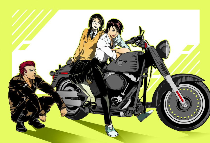 antonio_lopez brown_eyes brown_hair dark_skin dark_skinned_male glasses green_eyes ground_vehicle kaburagi_t_kotetsu kaburagi_tomoe long_hair mary_janes motor_vehicle motorcycle multiple_boys quetzal school_uniform shoes teenage tiger_&amp;_bunny younger