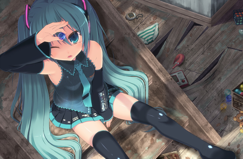 amamiya_minato aqua_eyes aqua_hair aqua_neckwear bangs bare_shoulders black_legwear black_skirt blouse boots box detached_sleeves from_above game_&amp;_watch hair_between_eyes hand_to_forehead handheld_game_console hatsune_miku holding indoors leaf legs long_hair long_sleeves looking_up marble miniskirt necktie one_eye_closed panties panties_removed pleated_skirt rubik's_cube sitting skirt sleeveless solo stairs striped striped_panties stuffed_animal stuffed_toy tamagotchi tears teddy_bear thigh_boots thighhighs thighs twintails underwear very_long_hair vocaloid wing_collar wooden_floor zettai_ryouiki