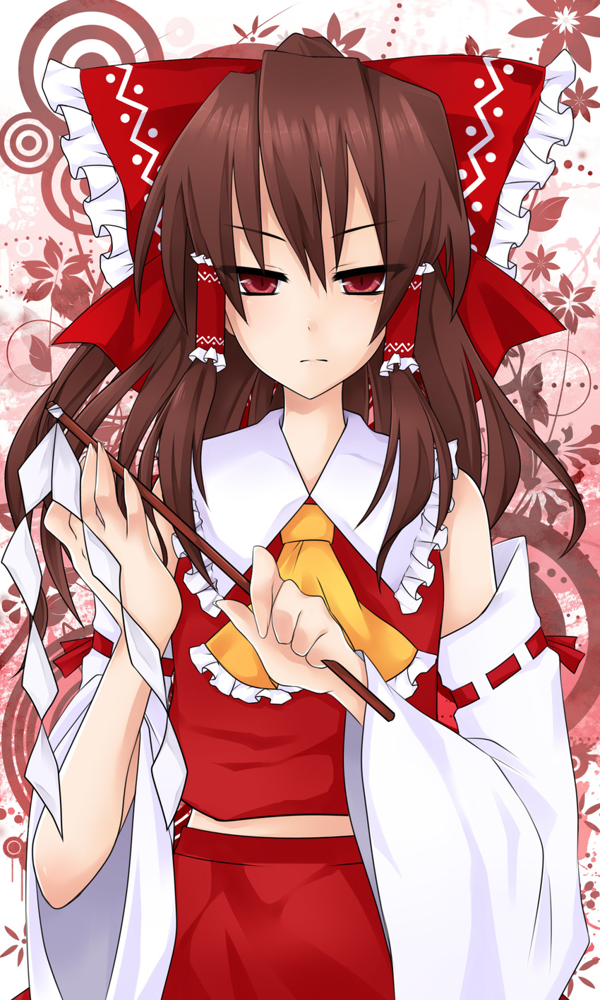 absurdres ascot bare_shoulders brown_hair detached_sleeves hair_ribbon hair_tubes hakurei_reimu highres ponytail red_eyes ribbon solo touhou yami_nabe