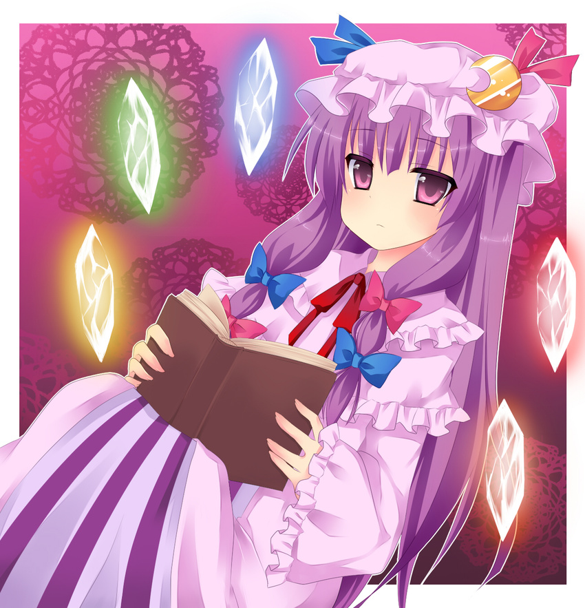 book crescent highres patchouli_knowledge purple_eyes purple_hair solo touhou yami_nabe