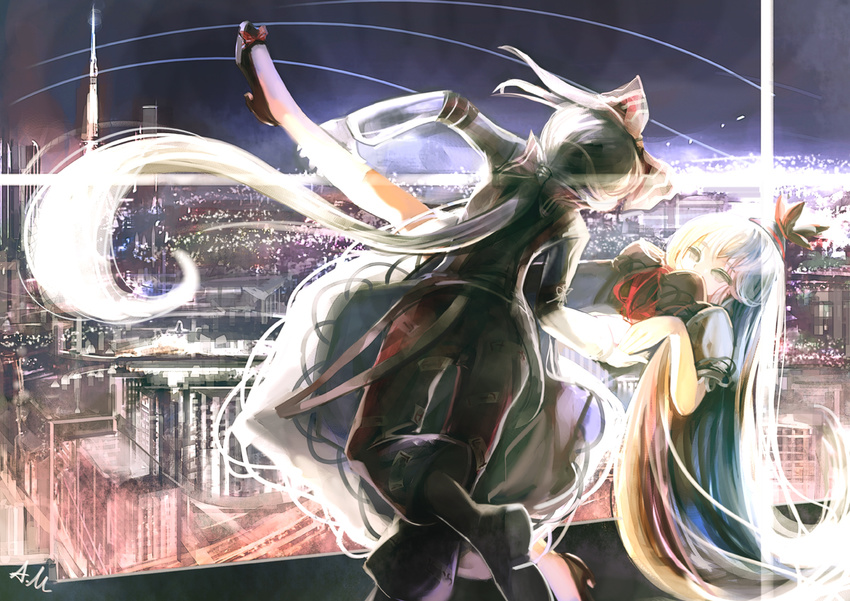 ameru.miro artist_name bad_id bad_pixiv_id blue_dress blue_hair boots bow breasts building city city_lights cityscape closed_eyes couple dancing dress from_behind fujiwara_no_mokou grey_hair hair_bow hands_together hat high_heels holding_legs kamishirasawa_keine leaning_back leg_up light_trail long_hair long_sleeves looking_at_another medium_breasts multicolored_hair multiple_girls night night_sky ponytail red_footwear scenery shoe_bow shoes shooting_star signature sky suspenders touhou tower two-tone_hair very_long_hair white_hair