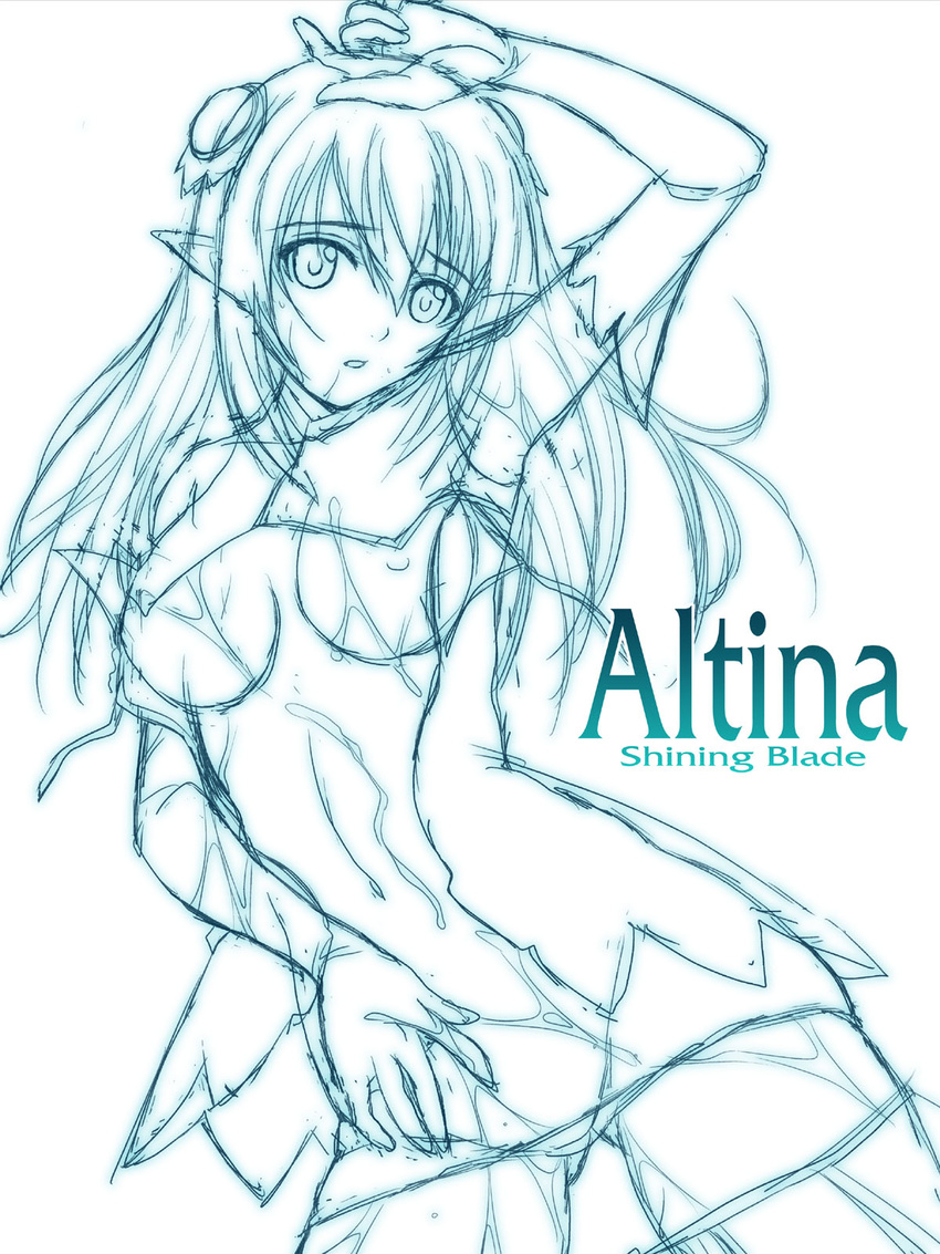 altina_(shining_blade) arm_up character_name copyright_name elbow_gloves gloves highres lineart long_hair looking_at_viewer monochrome pointy_ears revealing_clothes shining_(series) shining_blade simple_background sketch solo white_background yoshimura_kentaro