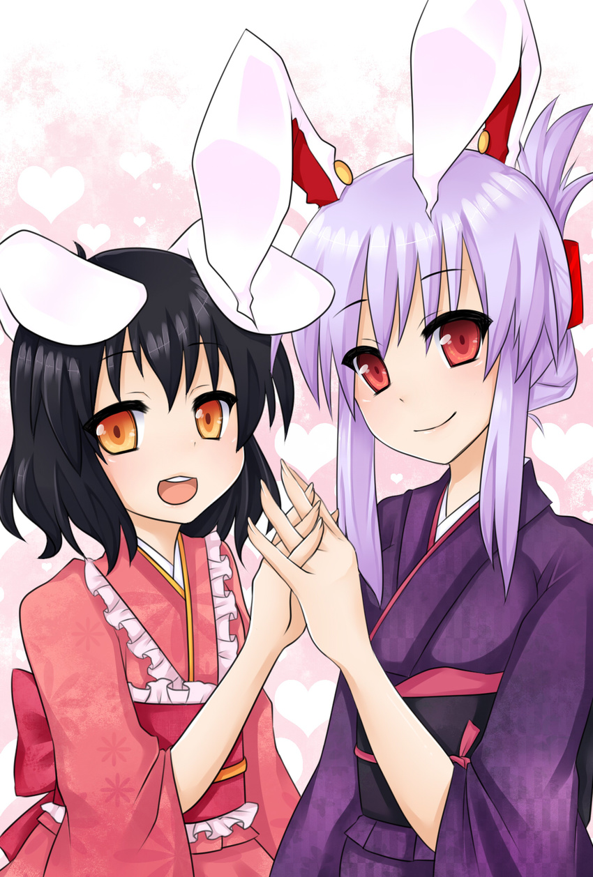 animal_ears black_hair bunny_ears highres holding_hands inaba_tewi interlocked_fingers japanese_clothes kimono multiple_girls purple_hair red_eyes reisen_udongein_inaba touhou yami_nabe