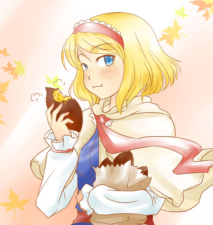 alice_margatroid bag blonde_hair blue_eyes blush eating hairband leaf nam_(valckiry) paper_bag short_hair solo touhou