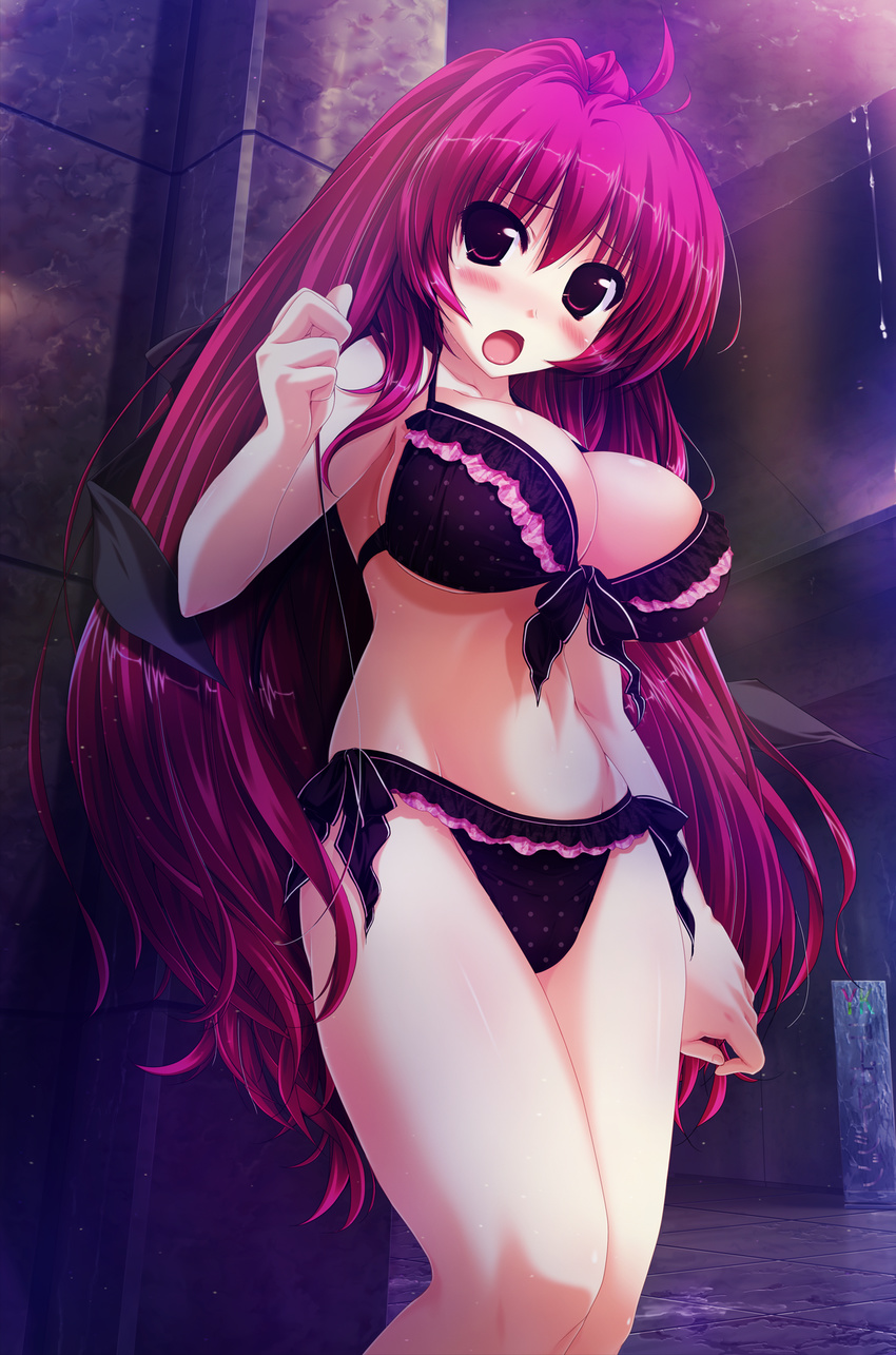 black_bra black_panties blush bra breasts cleavage front-tie_top game_cg highres kamikaze_explorer! large_breasts lingerie long_hair open_mouth oshiki_hitoshi outdoors panties pantyshot polka_dot polka_dot_bra polka_dot_panties red_hair skindentation solo thighhighs underwear underwear_only undressing very_long_hair yuutenji_mishio